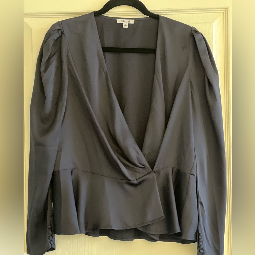 Minute - Size Large - Navy Blue Wrap Top - Covered Button Detail